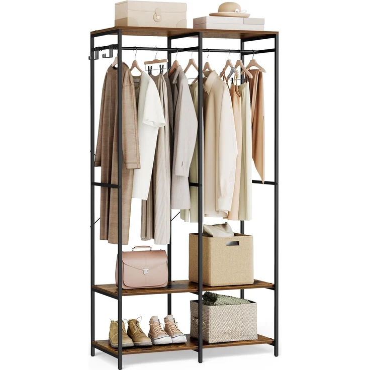 SONGMICS Kleiderschrank offen, Kleiderständer, Garderobenständer, Garderobe mit Kleiderstange, Ablagen, abnehmbare Haken, 40 x 94,5 x 180 cm, vintagebraun RGR004B01 – Bild 1