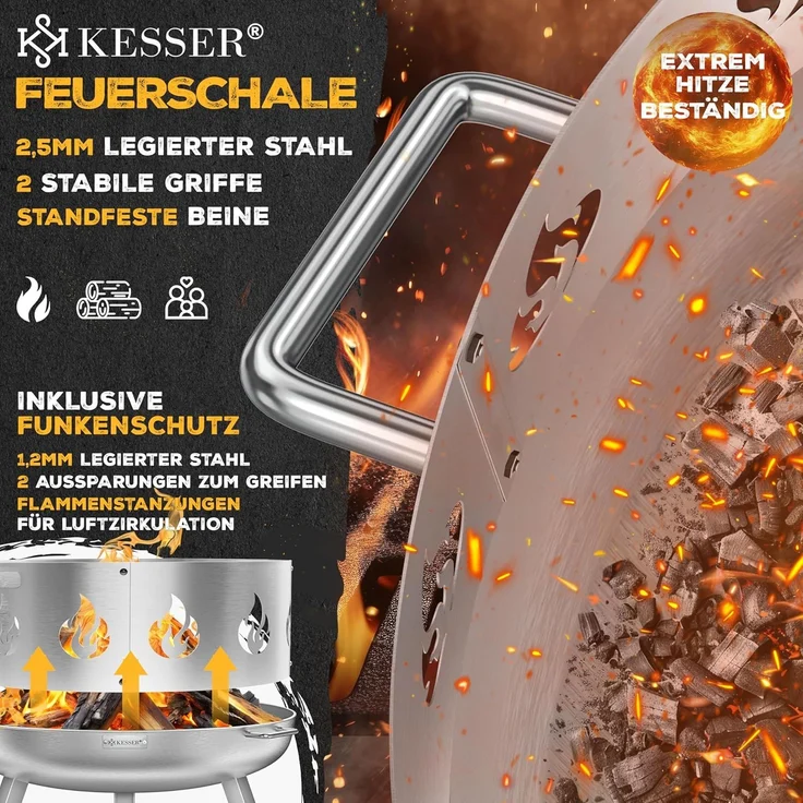 KESSER® Feuerschale mit 2,5 mm Stahldicke Feuerkorb aus Edelstahl / Stahl inklusive 42cm Feuerhaken aus Gusseisen, Wasserablauf & 2 stabile Griffe für Holz & Kohle Feuerstelle für Garten & Terrasse Ø 60 cm, Legierter Stahl + Funkenschutz – Bild 2