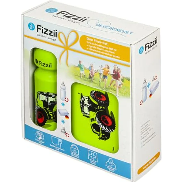 Fizzii Trinkflasche Geschenkset Flasche, Deckel & Brotbox, in toller Geschenkbox