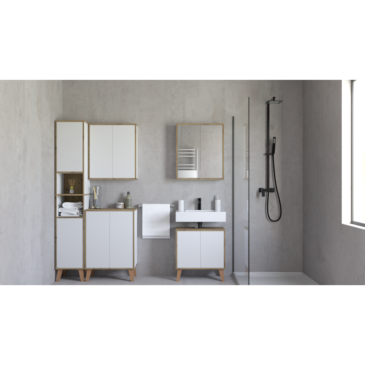 Badschrank MORENA mit 2 Türen und 2 offenen Fächern, cashmere/Eiche – Bild 3