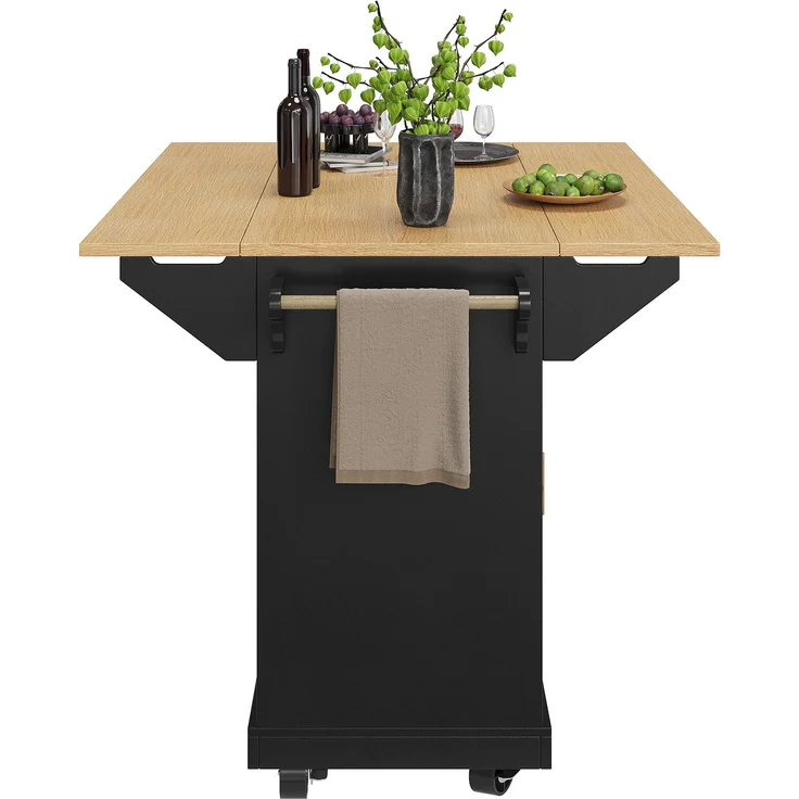 Kücheninsel, Schrank, Buffetschrank 120 x 40 (80) x 95 cm, ausziehbarer Küchenwagen mit Rollen, beidseitig ausziehbar, mit Handtuchhalter und Gewürzregal, zwei Türen, drei Schubladen, schwarz/weiß – Bild 6