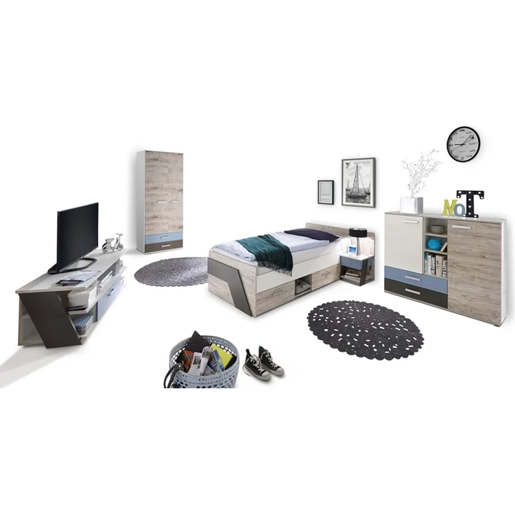 Jugendzimmer Set mit Bett 90x200 cm mit Kleiderschrank LEEDS-10 in Sandeiche Nachbildung mit weiß, Lava und Denim Blau – Bild 2