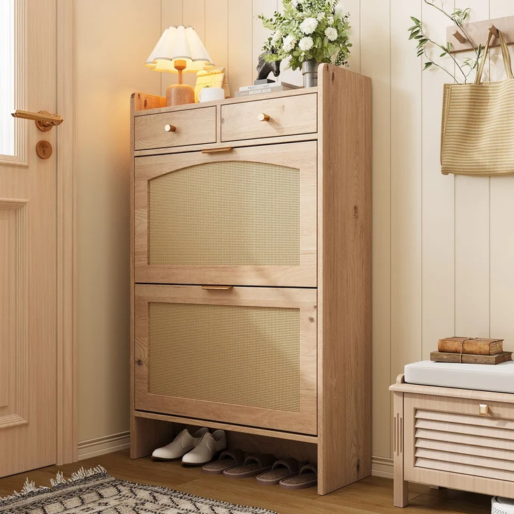 ZUBALIYA Schuhschrank (65 x 25 x 106 cm), 2 Klappfächer und 2 Schubladen, Fronten in Flechtoptik, Aus Spanplatte, Naturfarben – Bild 6
