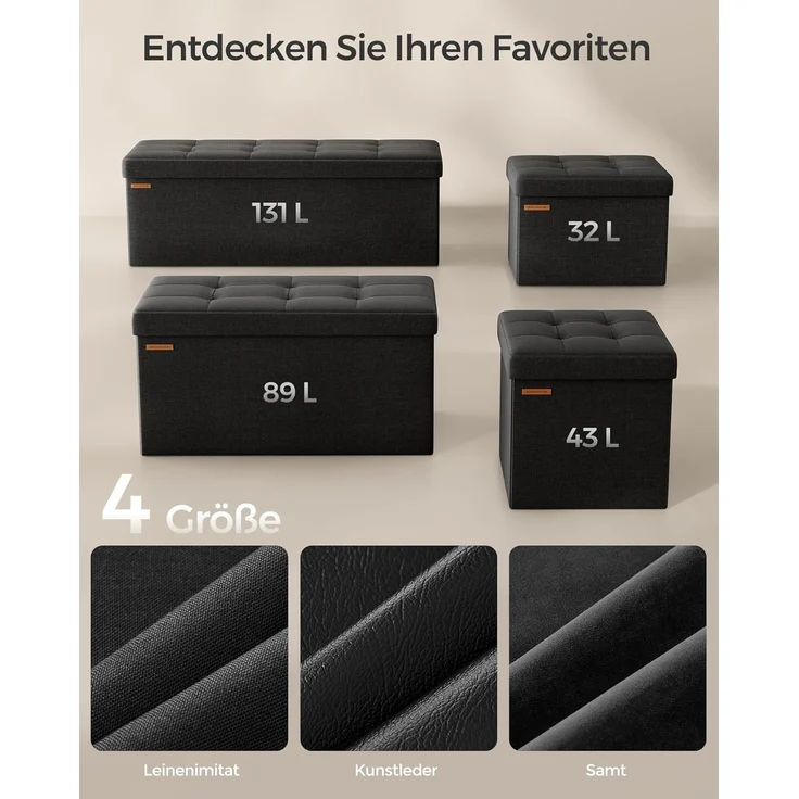 Songmics Sitzbank mit Stauraum, Sitztruhe, Aufbewahrungsbox, faltbar, max. statische Belastbarkeit 300 kg, mit Trenngitter aus Metall, 120 L, 110 x 38 x 38 cm, Leinenimitat, schwarz – Bild 6