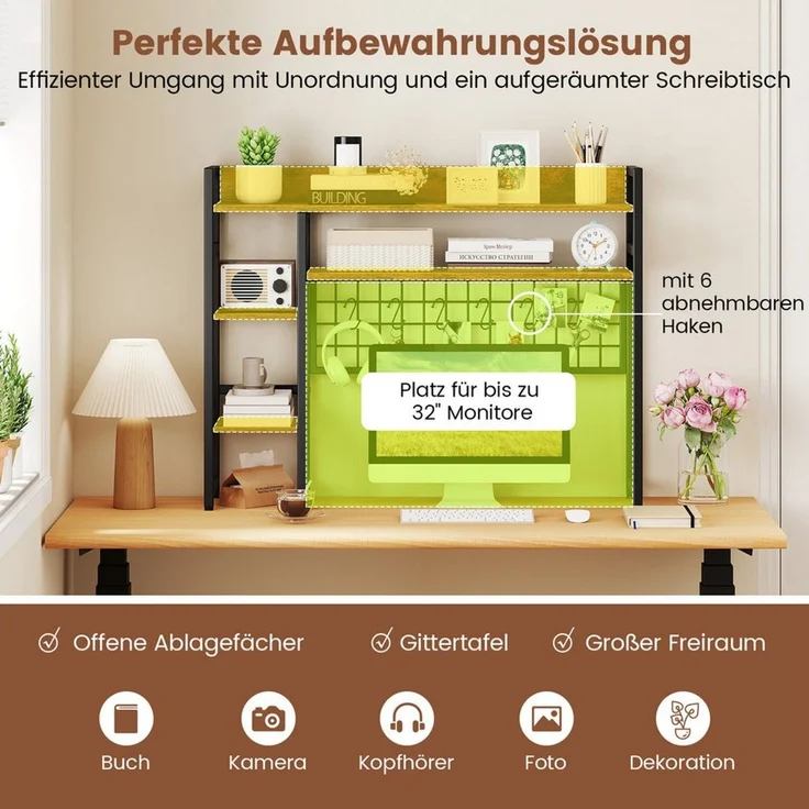 KOMFOTTEU Bücherregal, Schreibtischregal Tischregal Aufsatzregal mit Ablagefächern – Bild 2