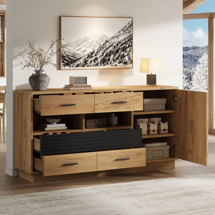 DESVIAE Sideboard Eiche aus MDF – 140x70x35 cm – 6 Schubladen, 1 Tür