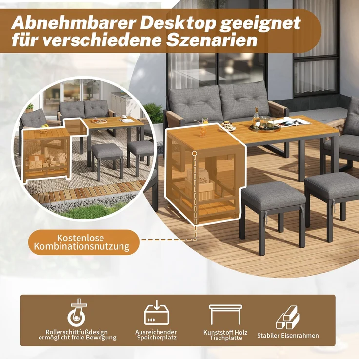 LVHOM 7-tlg. Gartenmöbel-Set, Lounge-Set für 6–7 Personen, wetterfeste Sitzgruppe inkl. Esstisch und abnehmbarem Servierwagen mit Stauraum, Grau/Eiche – Bild 3