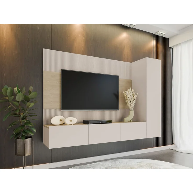 Wohnwand Deromi VI, Griffloses Öffnungssystem (Farbe: Sandbeige + Eiche Cremona) – Bild 1
