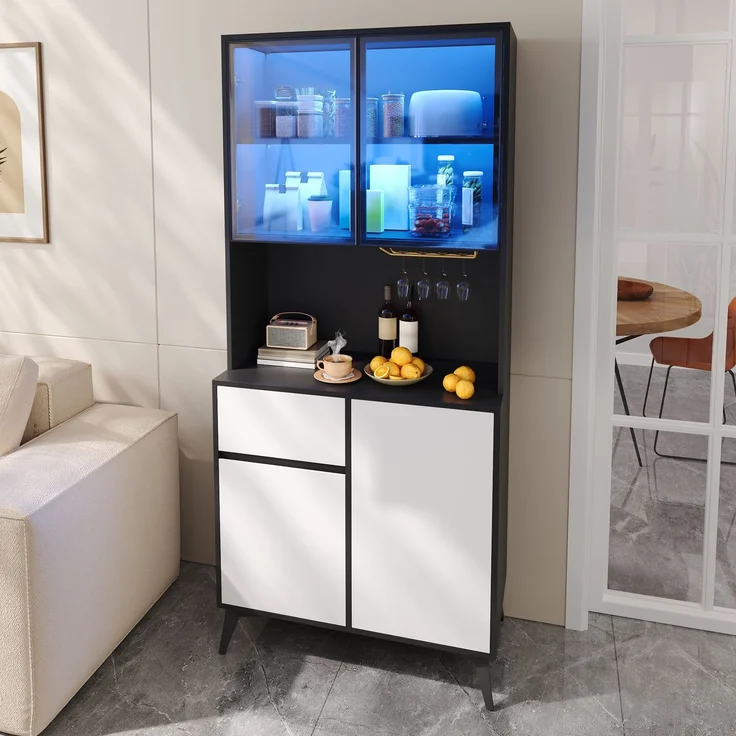 U-life Hochschrank, fürs Wohnzimmer, Vitrine, Anrichte, Sideboard, Esszimmerschrank, MDF, Schwarz – Bild 4
