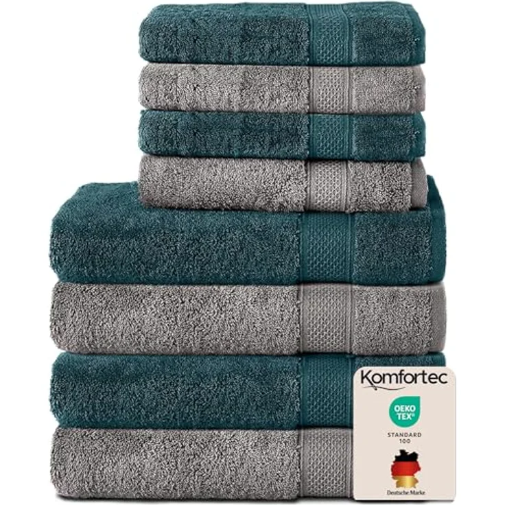 Komfortec 8er Handtuch Set aus 100% Baumwolle, 4 Badetücher 70x140 und 4 Handtücher 50x100 cm, Frottee, Weich, Towel, Groß, Anthraizt Grau/Petrol – Bild 2