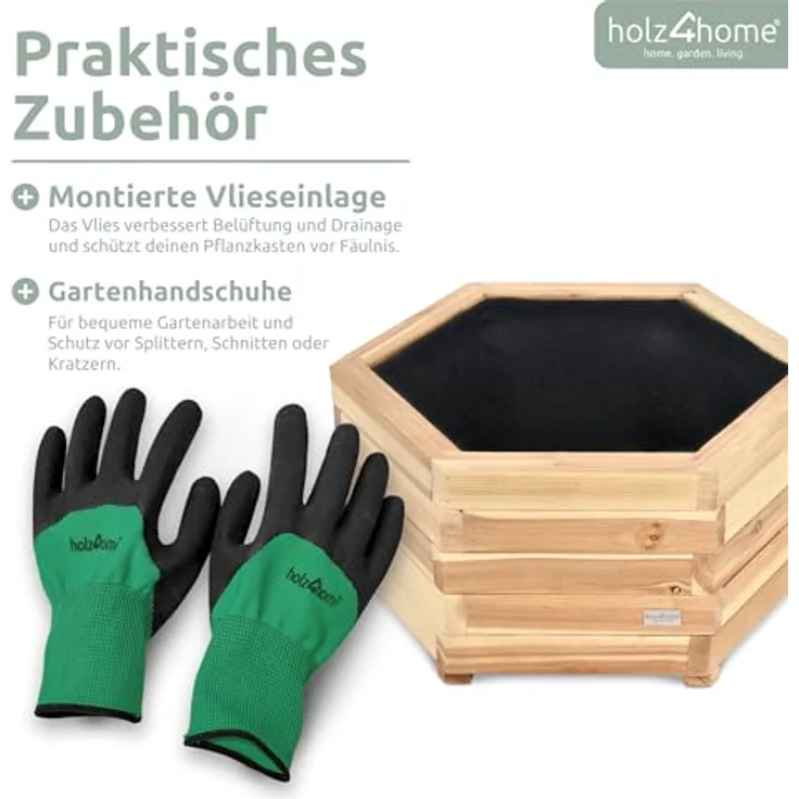 holz4home® Pflanzkübel 6-eckig aus Tannenholz I Outdoor Blumenkübel für Garten Balkon, inkl. Gartenhandschuhe & Vlies – Bild 6