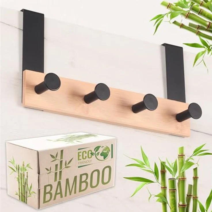 RICOO Garderobenleiste Tür Hakenleiste Hängegarderobe Türhakenleiste aus Bambus Stahl 4 Haken (1-er Set / 1 Stk. / MH029N-4, 1 St, Türgarderobe Garderobenhaken Tür Hakenleiste Platzsparende Garderobe), Garderobe ohne Bohren Kleiderhaken Tür bis max 23m... – Bild 1