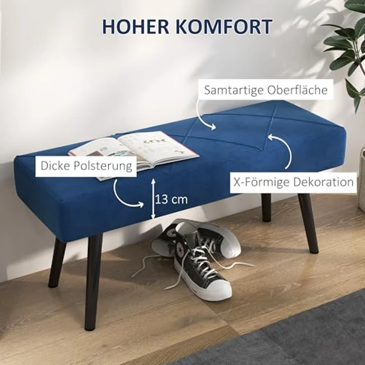 HOMCOM Polsterbank mit X-Muster, in Samtoptik, bis 120 kg Belastbar (Bettbank, 1-St, Sitzbank), für Schlafzimmer, 100 x 36 x 45 cm, Blau – Bild 5