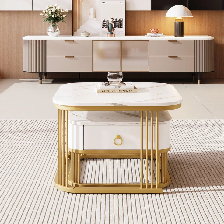 Merax Couchtisch Set Marmoroptik mit Schublade, Beistelltisch hochglanz, Satztisch,Wohnzimmertisch, Gold | Weiß – Bild 3