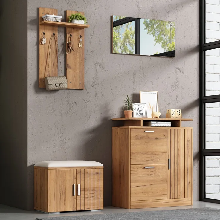 Wohnora-Flur-Garderoben-Set, Wandgarderobe; Garderoben-Set mit Schuhbank und Schuhschrank, 1 Spiegel, 4 Haken, 5 Türen, natural, B140× T35 × H133 cm,H 133cm x T 140cm x B 35cm,Natürlich