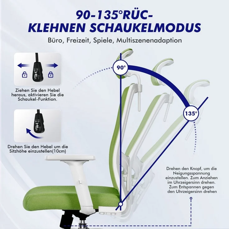 Adormii Bürostuhl bürostuhl ergonomisch,schreibtischstuhl mit verstellbarer Lendenstütze (Ergonomischer bürostuhl mit verstellbaren Armlehnen, büro stuhl bis zu 135° neigbar, ergonomic office chair mit höhenverstellbarer, atmungsaktiv und komfortabel, ... – Bild 3