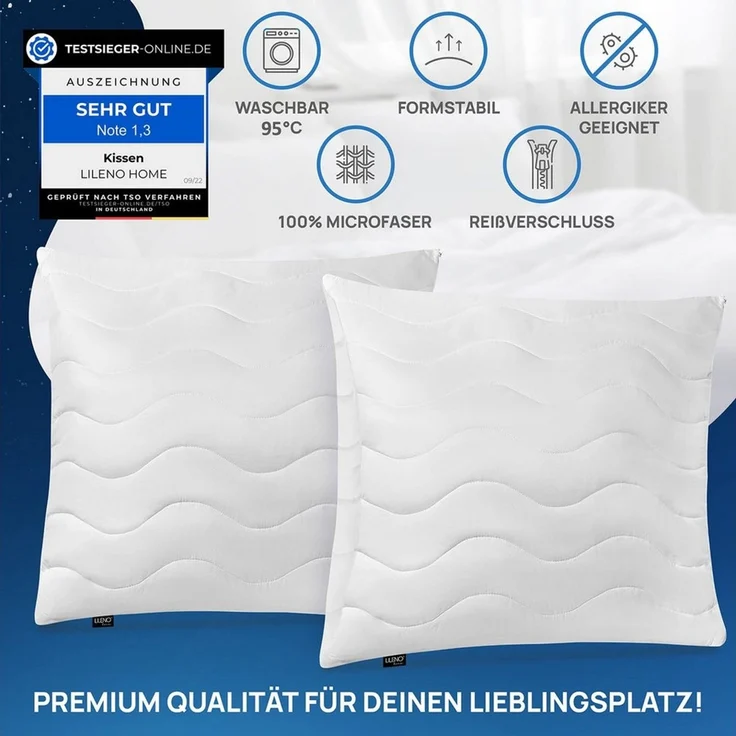 LILENO HOME Kopfkissen - gestepptes Kissen in verschiedenen Größen - Made in Germany, Füllung: 100% Polyester, Rückenschläfer, Seitenschläfer, Bauchschläfer, Spar-Set, 1er Set, Kopfkissen 80x80 cm HART mit 1.200g Füllung, allergikergeeignet – Bild 3