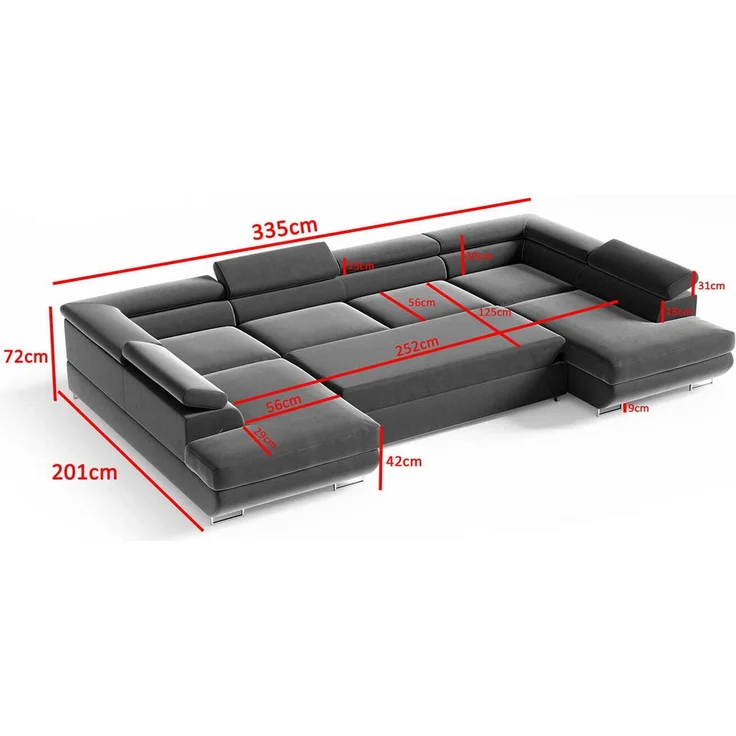 Ecksofa in U-Form PORTO, U-förmige Eckcouch mit Schlaffunktion, ausziehbares Sofa, 2 Bettzeugbehälter, verstellbare Kopfstützen, (Monolith 09), 72x201 cm – Bild 3