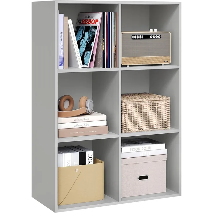 WOLTU Bücherregal mit 6 Fächern, Würfelregal Standregal, Regal für Wohnzimmer Arbeitszimmer Schlafzimmer Büro, Grau, 29 x 89 x 59,6 cm