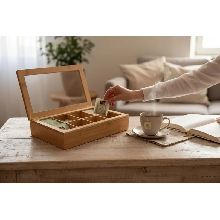 LS-LebenStil Teebox Holz Aufbewahrungsbox Teebox 8 Fächer mit Deckel Teekiste Schmuckkiste, Bambus, (Nachhaltiger Organizer - durchsichtiger Glasdeckel, 1-tlg, Holzkiste Schmuckkiste Schmuckkasten Schmuckkästchen), Aufbewahrung für Teebeutel, Tee, Schmuck – Bild 4