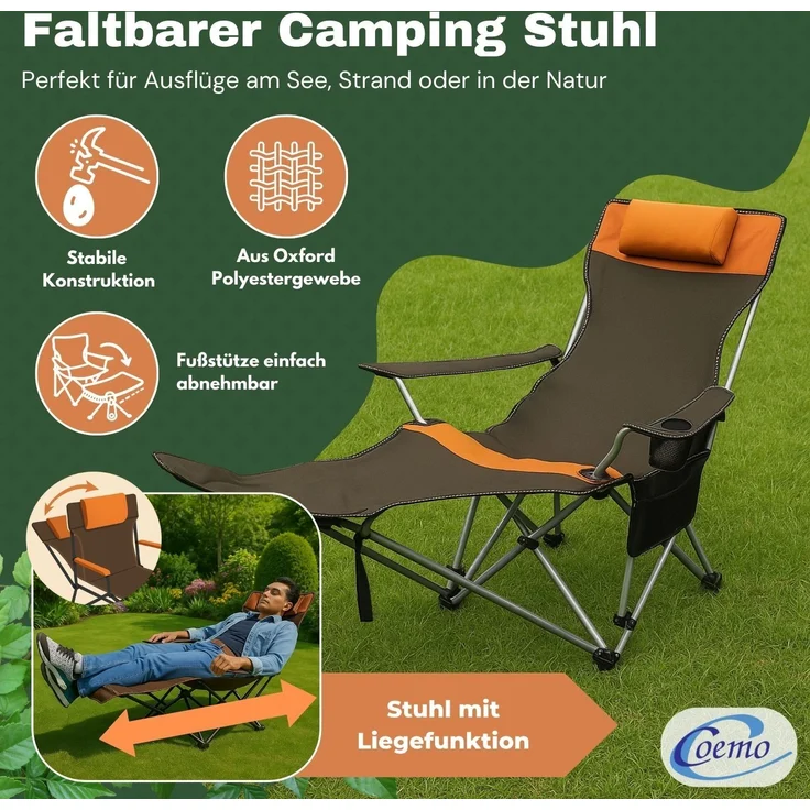 Coemo Tragbarer Liegestuhl, Campingliege mit Getränkehalter Braun – Bild 2
