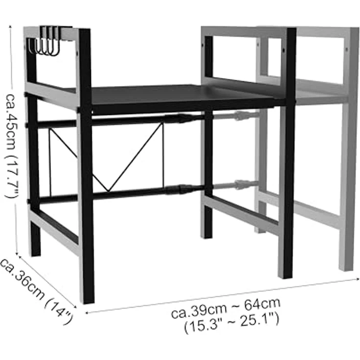 Ribelli Erweiterbares Mikrowellenregal 2 Stufig, Küchenregal Stehend Stahl, Mikrowellen Regal mit 3 Haken, Mikrowellenständer für Arbeitsplatte, Vorratsregal Bäckerregal, Schwarz – Bild 4