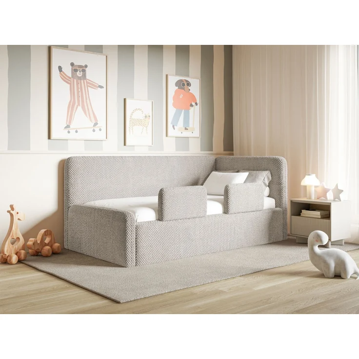 Selsey 'Fanko' Kinderbett 90x200 cm mit Rausfallschutz, Matratze, Kopfteil rechts, Plüsch, Greige – Bild 3