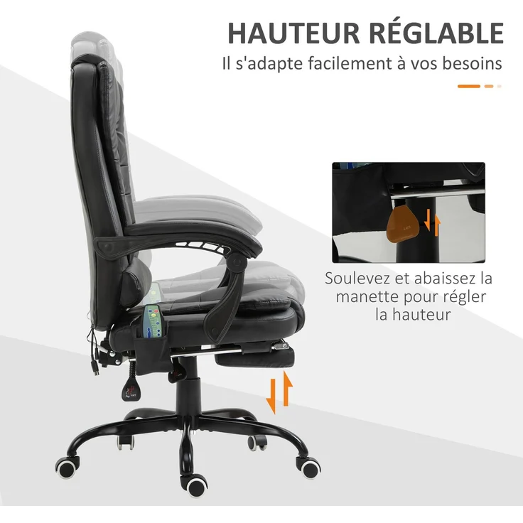 Massage-Bürosessel, Bürostuhl, ergonomischer Stuhl mit Höhenverstellung, neigbarer Rückenlehne und kabelgebundener Fernbedienung, ausziehbarer und um 360° drehbarer Fußstütze, schwarz – Bild 8