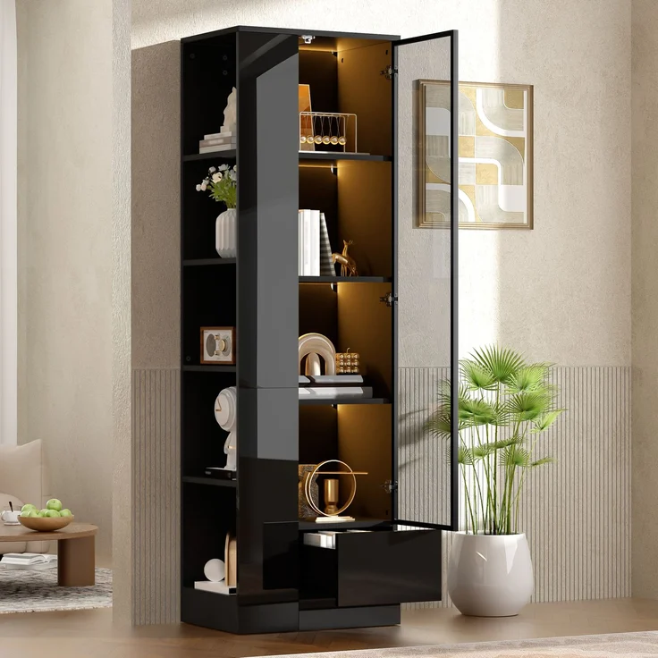 DESVIAE Regal mit Glastür Schwarz aus Spanplatte/Glas – 50x160x35 cm – LED-Beleuchtung, Schublade – Bild 6