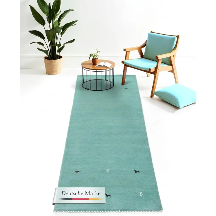 carpetfine 'Gabbeh Uni' Wollteppich, reine Wolle, Türkis, 80 x 300 cm – Bild 1