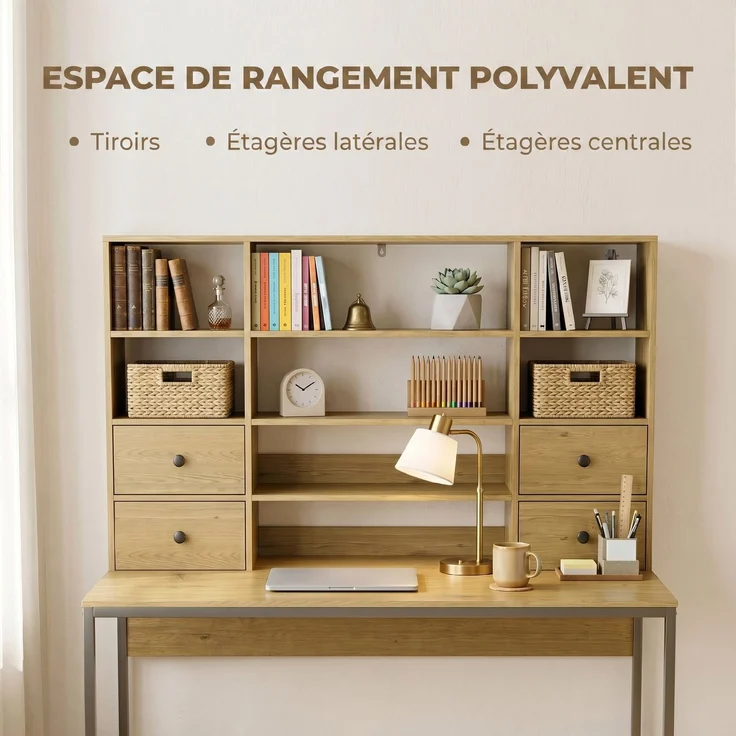 Computerschreibtisch mit 4 Schubladen, 105 x 60 cm, Schreibtisch mit Stauraum, offene Regale, 105 x 60 cm, Naturholz – Bild 6