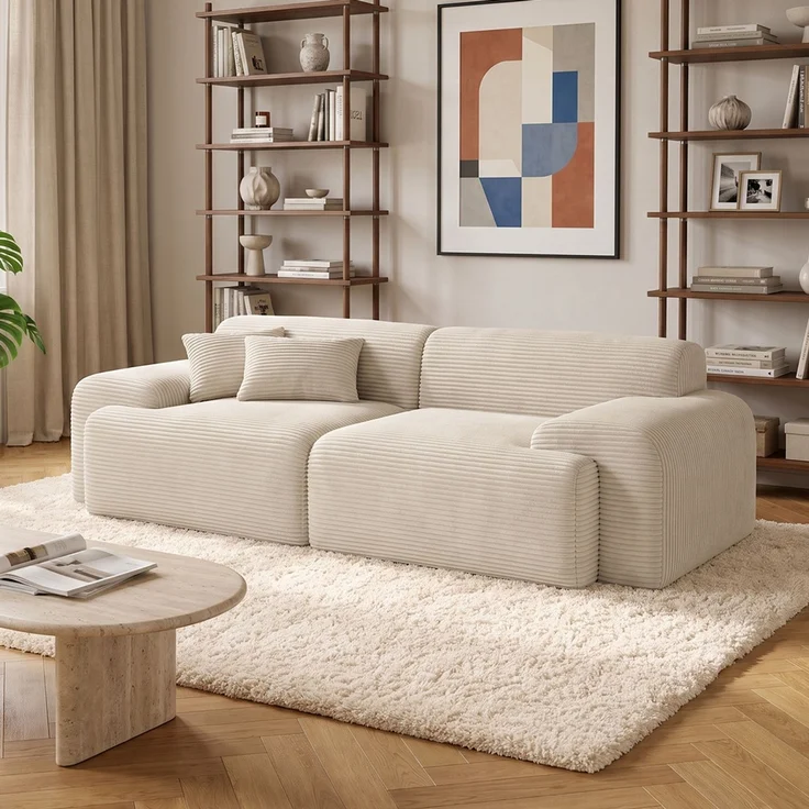 skølm 'Menja' Cloud Sofa 2-tlg, 2er Sitz mit 2 Kissen, Cord beige, Vollschaumcouch mit Federkern und Vakuum-Kompression, kein Aufbau erforderlich – Bild 1