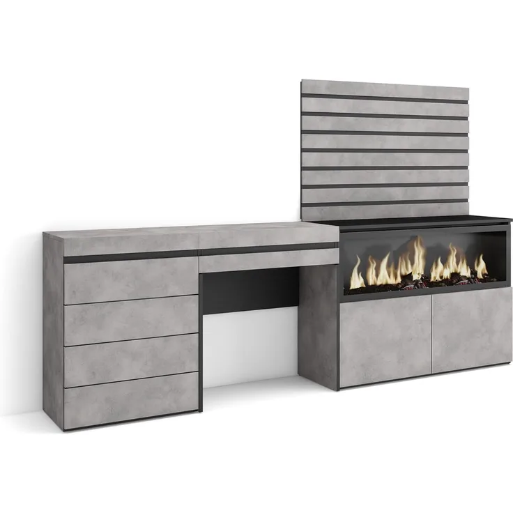 Skraut Home | Schminktisch | Frisiertisch mit Stauraum | 234 x 145 x 35 cm | mit Schublade | Elektrokamin XXL | Kommode mit Schubladen | Lamellenwand Holz | Moderner Stil | Zement