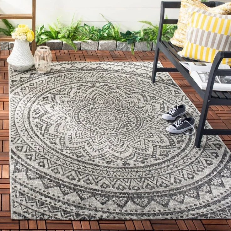 SAFAVIEH Zeitgenössische Teppich für Wohnzimmer, Esszimmer, Schlafzimmer - Courtyard Collection, Kurzer Flor, Hellgrau und Schwarz, 201 X 290 cm – Bild 1