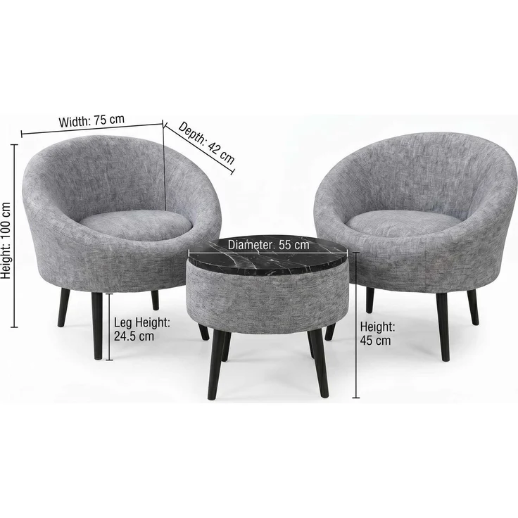 Hanah Home 'Lida Linen - Grey' Ohrensessel- und Couchtisch-Set (3-teilig), Grau, 75 x 100 x 42 cm – Bild 4