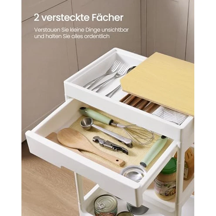SONGMICS Rollwagen 3 Ebenen, Servierwagen mit Rollen, Küchenwagen, abnehmbare Deckplatte als Tablett, mit Schublade, Kunststoff, einfacher Aufbau, Küche, weiß-goldeichenfarben BSC069W101 – Bild 4