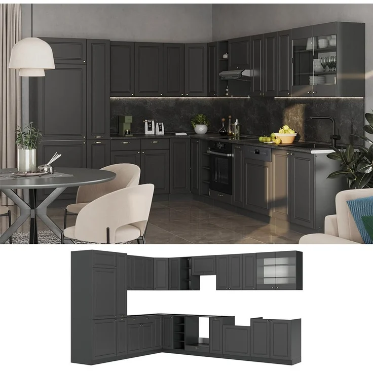 Eckküche Fame-Line Anthrazit-Gold Landhaus/Anthrazit 347 x 257 cm ohne Arbeitsplatte Vicco – Bild 5