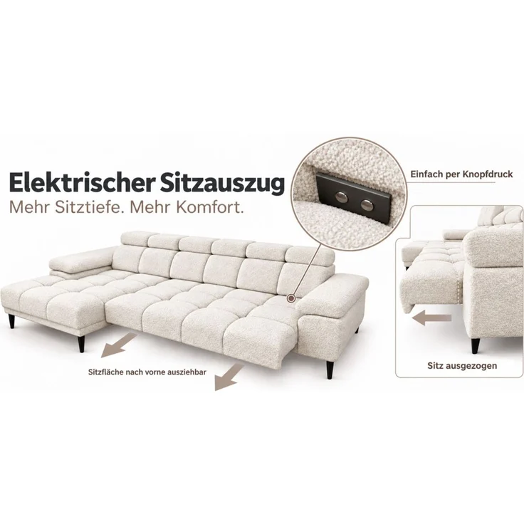 Ecksofa Schlafsofa SENVELIO RELAX in Stoff Glam Creme Ottomane Rechts – Bild 2