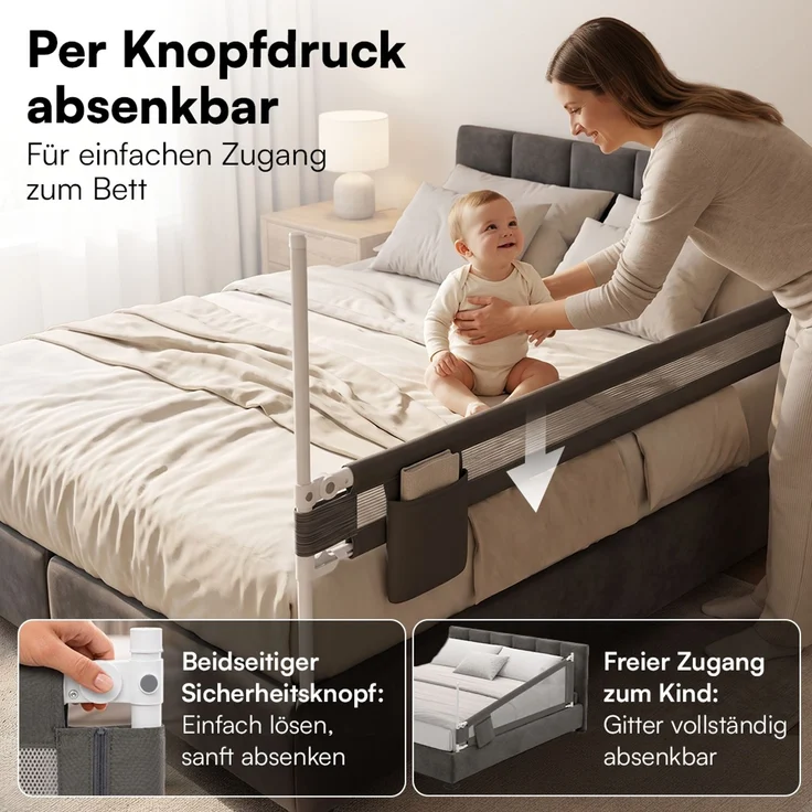 Bellabino 'Drina' Bettschutzgitter, Rausfallschutz klappbar & höhenverstellbar, aus Oxford-Stoff & Metall, 150 cm, dunkelgrau – Bild 2
