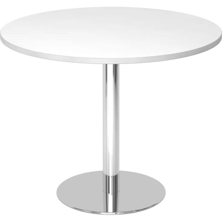 bümö Besprechungstisch, Esstisch groß, Tisch rund 100x100 cm in weiß, Gestell: verchromt - großer Rundtisch für 2 Personen mit Holz-Platte, Säule aus Metall, Konferenztisch, Bistrotisch, STF10-W-C