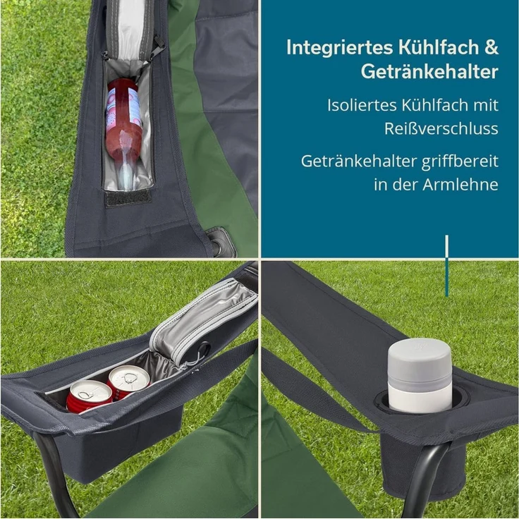 Skandika Campingstuhl Relax Comfort, Klappstuhl, Faltsessel, Anglerstuhl, Gartenstuhl (Max. Nutzergewicht 160 kg, Reißverschlussfach im Kopfteil, Tragetasche), Getränkehalter, Kühlfach, Seitentasche, Polsterfach, breite Sitzfläche – Bild 3