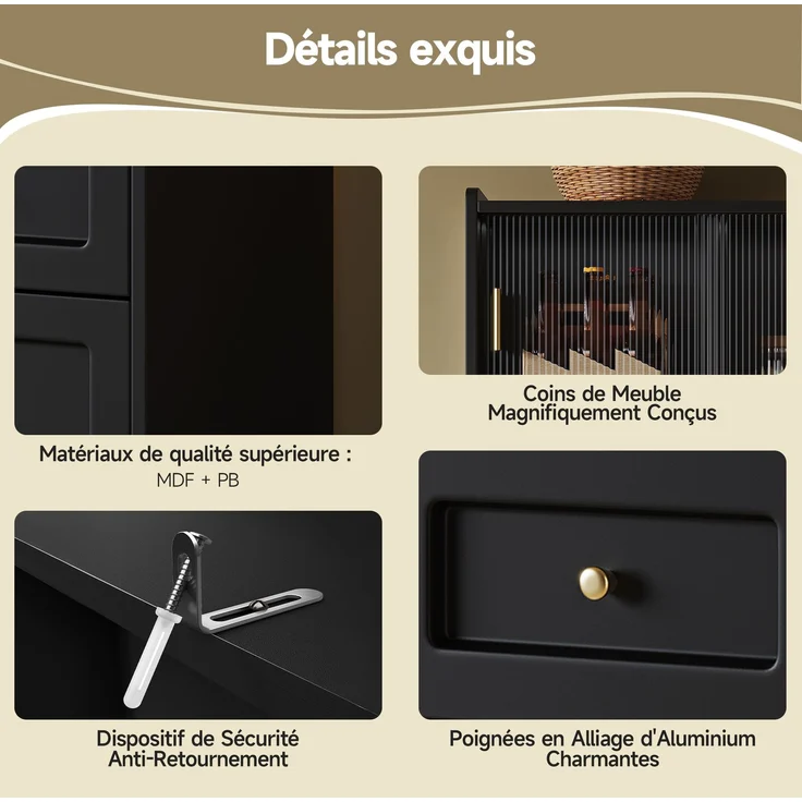 Küchenschrank, Hochschrank, Vitrinenschrank, Buffetschrank mit Verstellbaren Ablagen, Esszimmerschrank, Sideboard mit LED-Beleuchtung, schwarz--Schwarz--120x35x167cm--YOUDENOVA – Bild 9