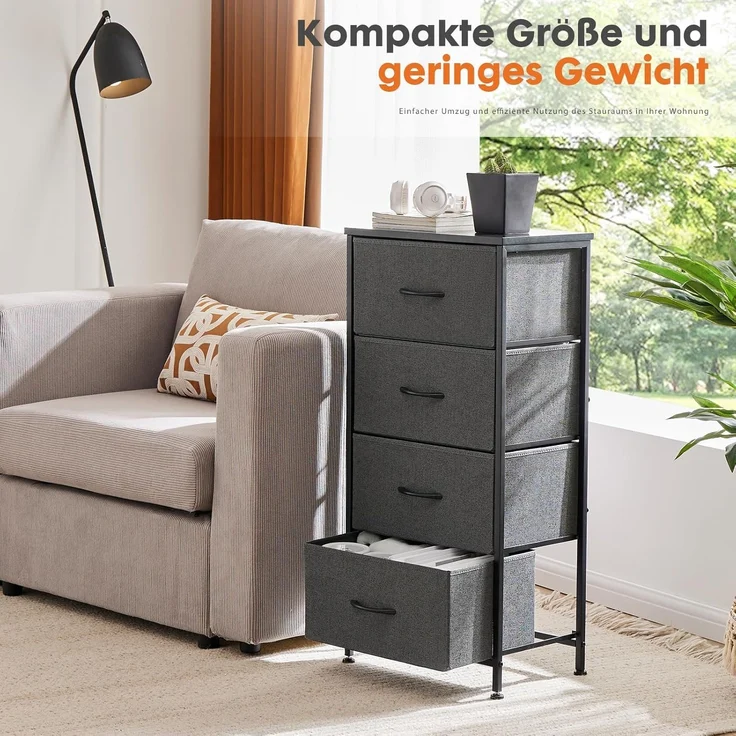 Sweetcrispy Kommode mit 4 Schubladen, Stoff Schubladenschrank, Schmal Schrank, Kommode Schlafzimmer, Industrial Stil für Wohnzimmer, Kinderzimmer, Flur Aufbewahrungsschrank, Hellgrau – Bild 7