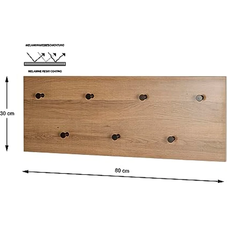 HAKU Möbel Wandgarderobe eiche, schwarz, MDF, Metall - Maße: B 80 cm x H 30 cm x T 5 cm, Style: Modern – Bild 4