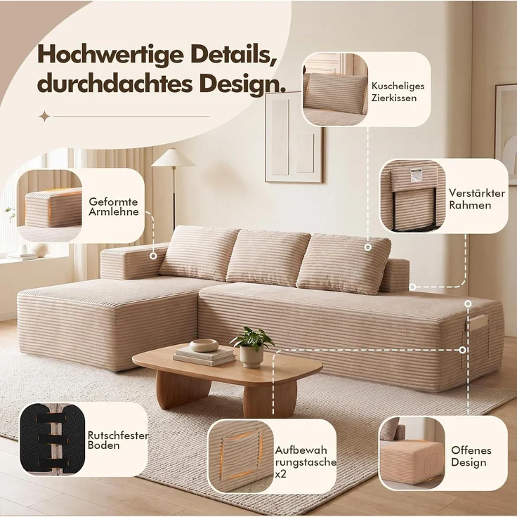 COMHOMA Ecksofa mit Schlaffunktion, 255cm Corduroy Modulares Boneless Couch mit Chaiselongue & Rücken-Metallgestell, L-Form Schlafsofa mit offenem Design, Kissen & Seitentaschen,für Wohnzimmer, Beige-R – Bild 9