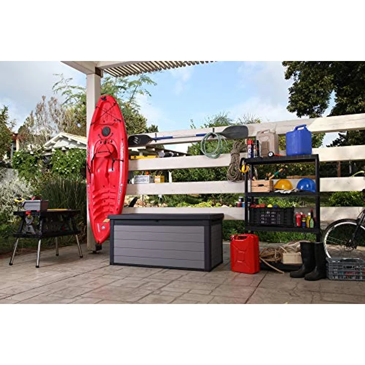 Ambia Garden Kissenbox, Anthrazit/Grau, wetterbeständige Kunststoffbox, 122.9x70.6x62.1 cm, aufklappbarer Deckel, geeignet zum Sitzen, mit Gasdruckfeder – Bild 7
