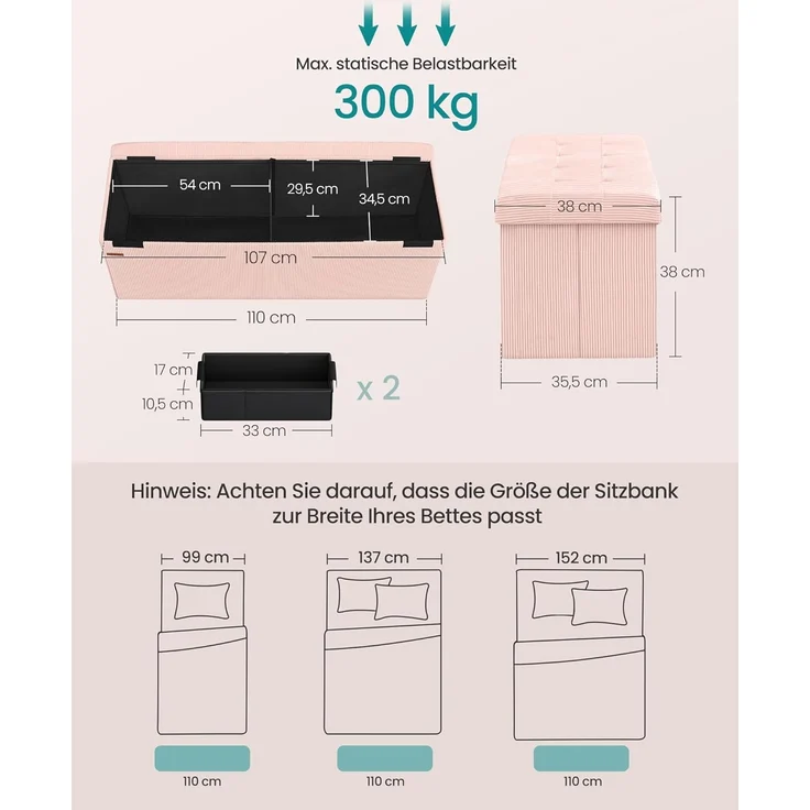 SONGMICS Sitzhocker mit Stauraum, klappbare Sitzbank, 38 x 110 x 38 cm Fußbank, Bettbank, Aufbewahrungsbox, bis 300 kg belastbar, Wohnzimmer, Schlafzimmer, Eingangsbereich, pastellrosa – Bild 3