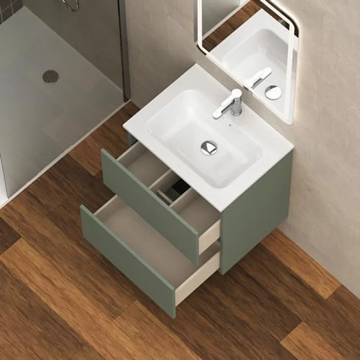 Baikal Badmöbel Klay, montiert, 2 Schubladen mit Waschbecken, Badezimmerschrank, Keramikwaschbecken, 60 cm, moosgrün. – Bild 4