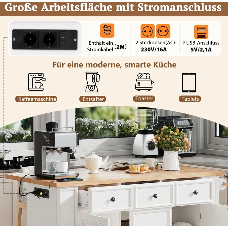 Merax Ausziehbarer Essbereich Kücheninsel mit verstellbaren Einlegeböden und Multifunktionsschubladen, Kücheninsel freistehend mit Steckdosenleisten, (Weiß) – Bild 7