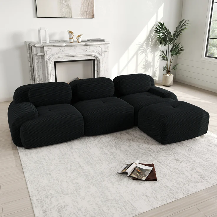 Ecksofa, Modulares ohne Montage ergonomisch und haustierfreundlich aus Cordstoff mit extra-breiten Armlehnen 32D hochelastische Polsterung für Wohnzimmer und Schlafzimmer, Cordstoff, Black – Bild 3